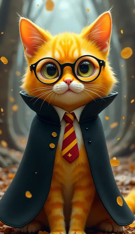 ((Highest quality)), ((masterpiece)), (detailed)), A yellow cat wearing a magical school uniform、Round glasses、Black cape、A yellow and red striped tie
