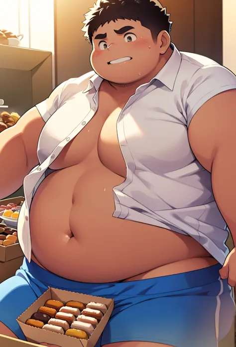 fat indian boy , obese boy, big belly, tight belly, small white button shirt, small brown shorts, eating a chocolate donut, obes...