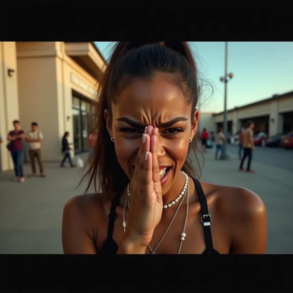 Zendaya, hand covering nose, face grimacing from unpleasant smell, panoramic photo, wide angle photo