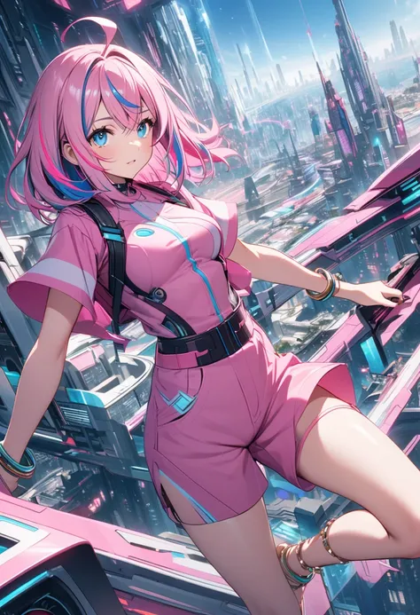 Pink hair, blue streaked hair, medium hair, ahoge, blue eyes, medium breasts, pink jacket, pink shorts, pink shirt, anklet, futuristic city