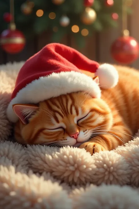 Generate a high quality 3D image:An orange cat sleeping wearing a Santa cap