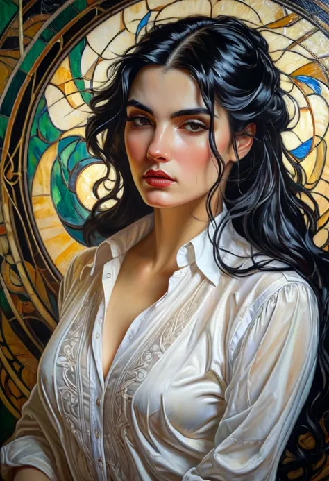 Oil portrait in Art Nouveau style, close-up of a woman in white shirt and with black hair, stunning beauty, sensual expression, 