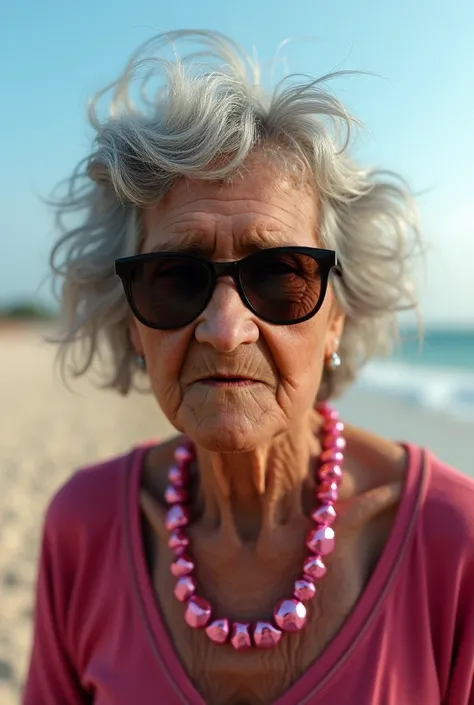 Create an image of this young lady on the beach with a pink sequin necklace and dark glasses, Very faithful to Photo ,  she is elderly as in the photo with the same hair  ,  as a person of her age 88 with the same features as in the photo,  without smiling...