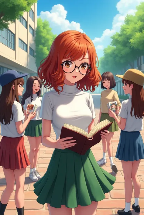 Une grande rousse cheveux mi long bouclés avec des lunettes portant un col roulé blanc et une jupe verte elle écoute de la musique en lisant un livre au milieu d’une cour de lycée, où l’on peut voir trois brunes plus loin entrain de rire aux éclats, All th...