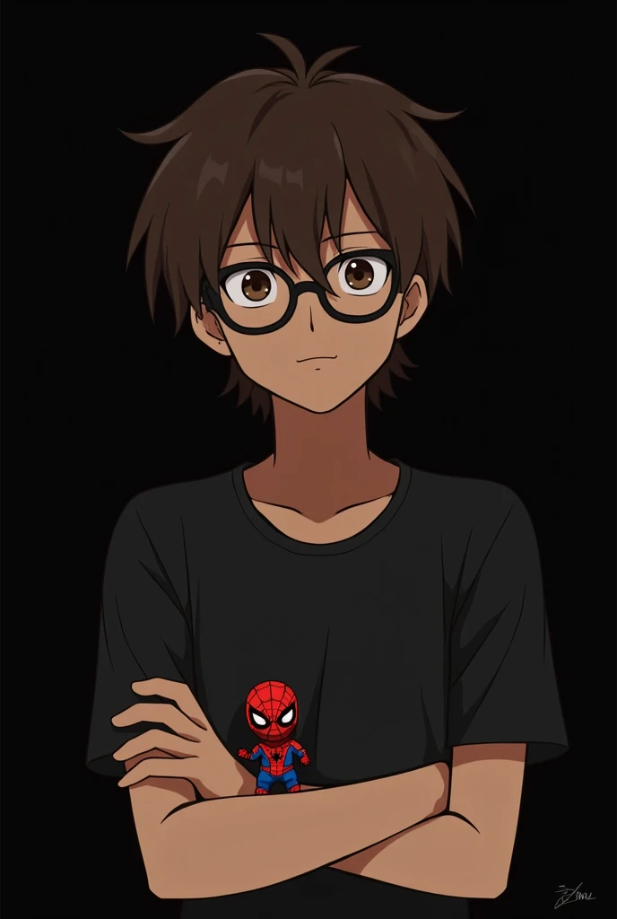 Anime male brown man with lenses brown hair black shirt of Spiderman doll black anime of brown skin color with lenses brown hair black shirt of little Spiderman doll