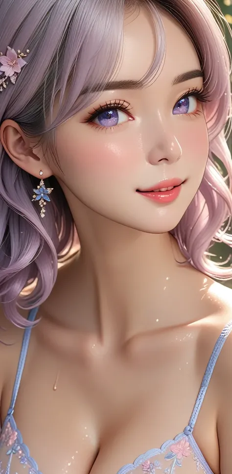  short hair、 white blue hair 、(Excitement 1 .2）、sweat、steam.（Please do it below:1.5）、The feel of wet skin 、  Shiny Skin 、 Big boobs that make you salivate 、    embarrassed expression   、  composition focusing on faces   、nsfw.（ Embroidered light-colored li...