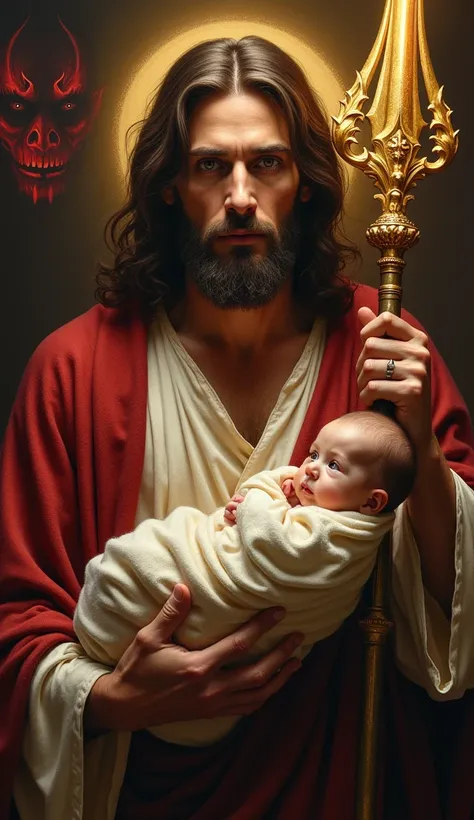 A powerful image of Jesus with light brown, honey-colored eyes, gazing directly into the camera with a calm and intense expression. He cradles a swaddled baby close to His chest, symbolizing protection and peace. In His other hand, He holds an ornate spear...