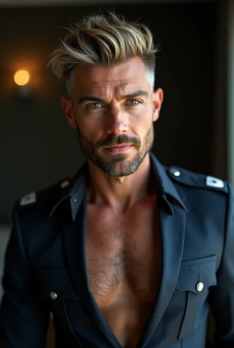 masterpiece, best quality, high resolution, closeup portrait, male focus, solo focus, A man, 40 years old man, in unbuttoned police uniform, cop, police, policeman, blonde grey hair, short trimmed hairstyle, cute and seductive face, bare chest, body hair, ...