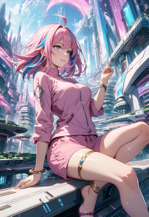 mature female, pink hair, blue streaked hair, medium hair, ahoge, blue eyes, medium breasts, pink jacket, pink shorts, pink shirt, anklet, futuristic city