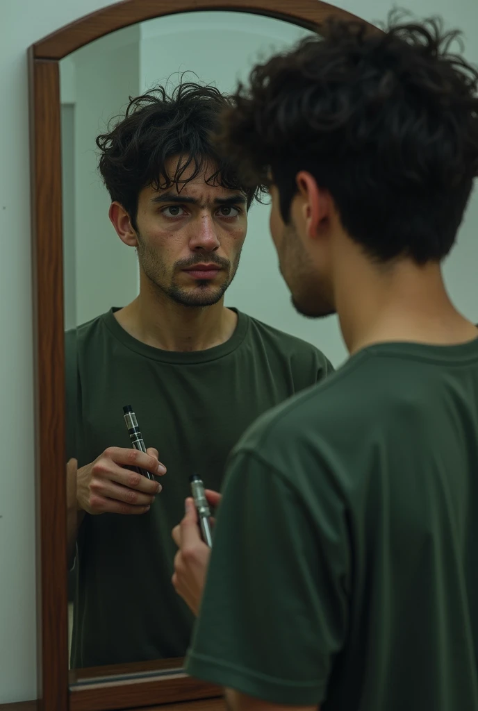  young man in front of a mirror ,  where his appearance is worn out (dark circles, yellow skin, wrinkles, etc), with a vape in his hand 