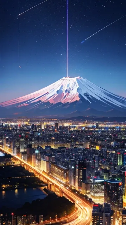 Cyber City, Tokyo , Metropolis, Tokyo Metropolitan Area, Expressway, Mountain pass, mount. Mount Fuji on the right, Osaka Castle in the center, The sea on the left, night view from above