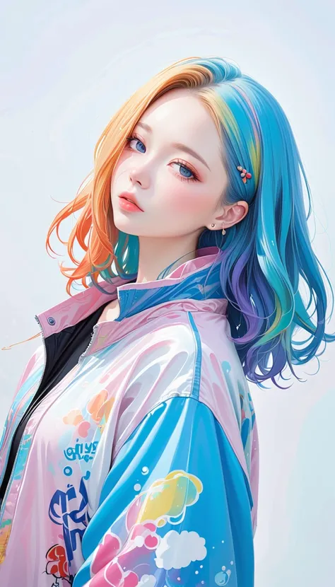 1girl, Alone, Chest, Viewer,  blue eyes,  Simple Background ,  white background , Ear studs , large breasts, Lazy, Half-closed eyes, Dye your hair, Bubbles,  functional jacket ,  upper body, Open clothes, abdomen, From the side, open coat, Lips,  oversized...