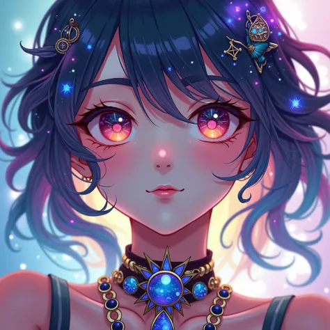 Close-up of a woman with colorfully hair and necklace, anime girl with cosmic hair, Rossdraws Gentle Vitality, works of art in Guvez style, fantasy art style, colorfully], vibrant fantasy style, Rossdraws cartoon full of vitality, universe and colorfully, ...