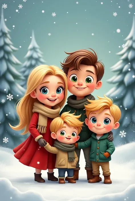 Christmas cartoon family 
Blonde mom smooth hair blue eyes
Dad short hair brown eyes green eyes small beard
2 ren
Boy  blond blue eyes
Boy  blond blue eyes
Snow