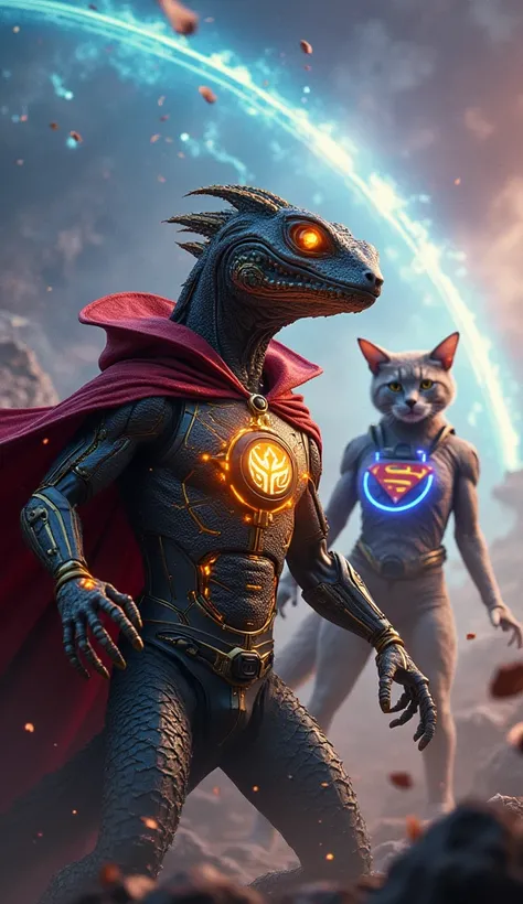 An ultra-realistic, highly detailed, realistic rendering of a cyborg lizard inspired by Doctor Strange, with glowing magical circuits, casting spells alongside a superhero cat in a cloak of levitation and a mystical necklace. They are battling cosmic villa...