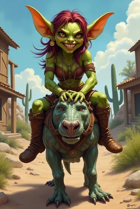 A small, young, hunched female goblin with greenish skin and wine-red hair and large ears with earrings. She has large hands and feet with claws. The character should be styled in a fantasy RPG art style, set in the Old West. She is mature. she is riding a...