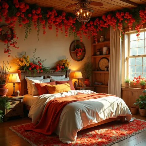 A bedroom decorated with red and yellow flowers