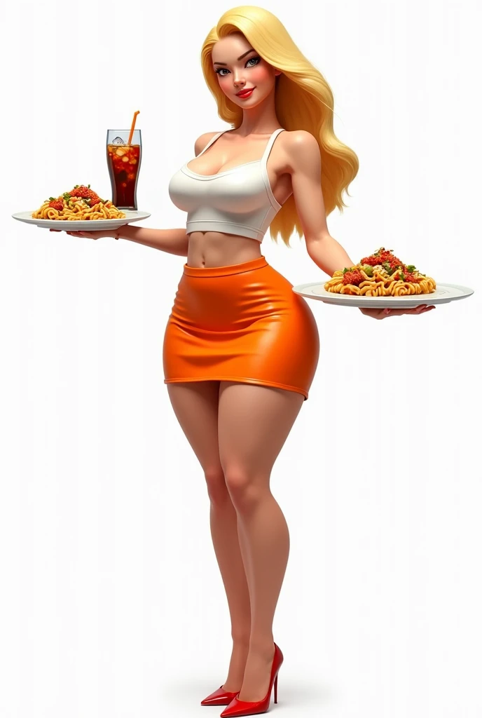 Huge Busty slim blonde waiteress wearing a white crop  and orange mini skirt white hackground serving pasta and coke with ice and  straw