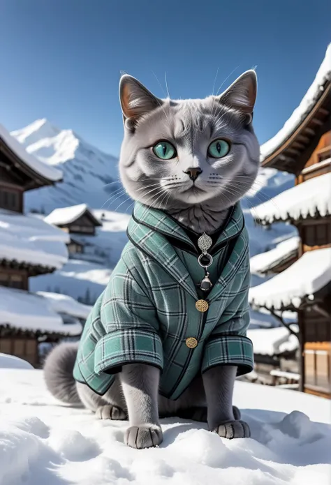  cat sitting inside a snowy mountain cat
Cat breeds： Russian Blue
Coat color and pattern ： bluish gray short hair
Outfit ：Green and black Japanese checkered pattern
身体的特徴： slightly larger ears and 、 Clear Eyes
Accessory ：small black earring on the ear
prop...