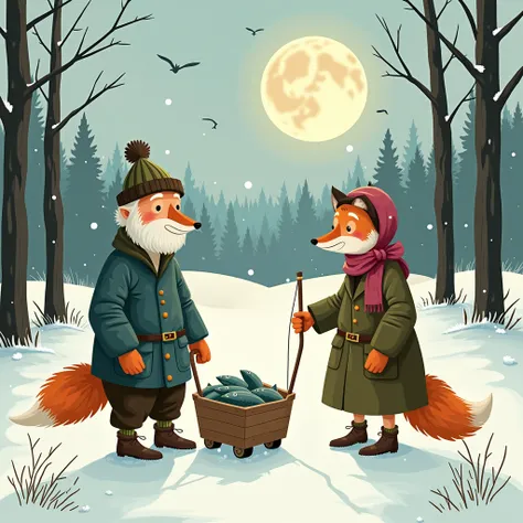 Create an illustration inspired by the Russian fairy tale The Wolf and the Fox. The scene should be set in the village of Sosnovka, with an old couple, a grandmother and a grandfather, depicted happily living their lives. Show the grandfather on a winter f...