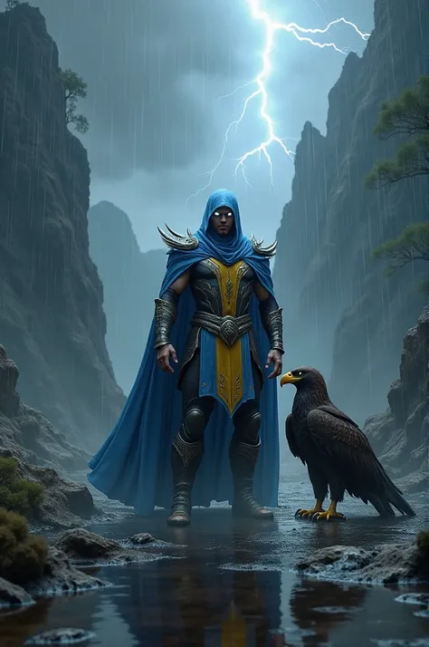 Create an image of a Raiden Mortal Kombat character and an eagle in a rainy area with rays 