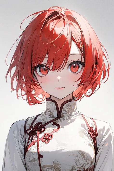  no background　 white china dress　Standing in front　Red Hair　Short Hair　 looking at the camera　Full body portrait　 sitting 