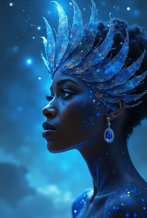 Create a black woman with eyes like sapphire turning into a seraphim with skin like a galaxy