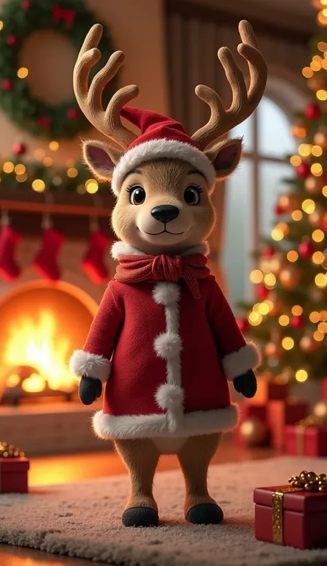 An 8K hyper-detailed scene of an adorable anthropomorphic reindeer dressed in a festive Santa Claus-themed outfit, featuring a cozy red jacket trimmed with white fur and a matching scarf. The reindeer is standing upright inside a beautifully decorated Chri...