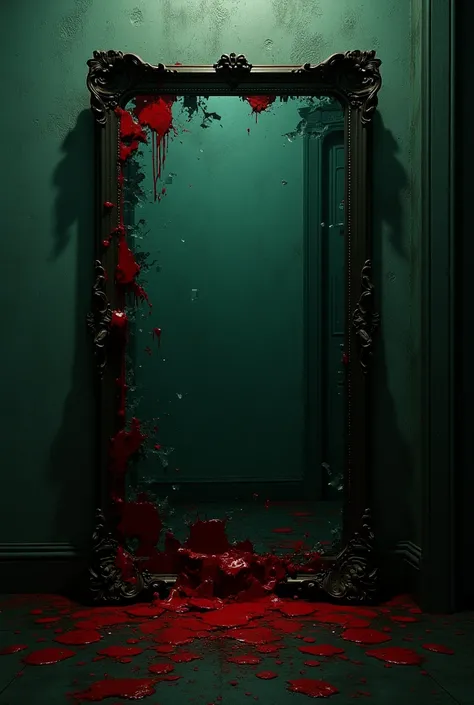  Make an image of a ,  collage in dark and dark green tones , with a thriller atmosphere ,  with fragments of a mirror covered in blood on the floor 