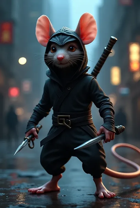 Create the image of a ninja rat and be dressed as a human