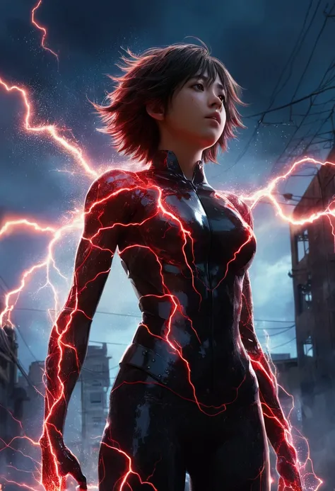 (17-year-old girl with the body of a soul with red and black lightning particles emitting around her), 3d rendering, Movie special effects,  Movie Lighting , city in ruins, clean HD, 8k resolution,  very detailed ,  digital painting , conceptual art, Makot...