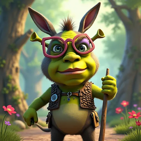 create a character that is half Shrek and half Donkey using colorful glasses