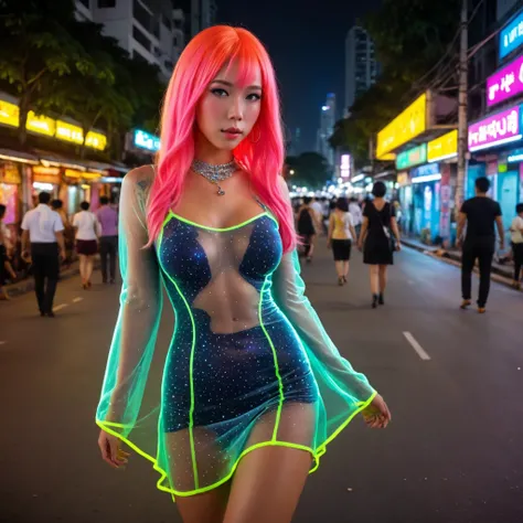 a cute woman, sheer colorful acrylic dress neon trim, neon calf boots sexy, bright colored hair, glowing contacts, no underwear. She is on the streets of Bangkok walking to the club
