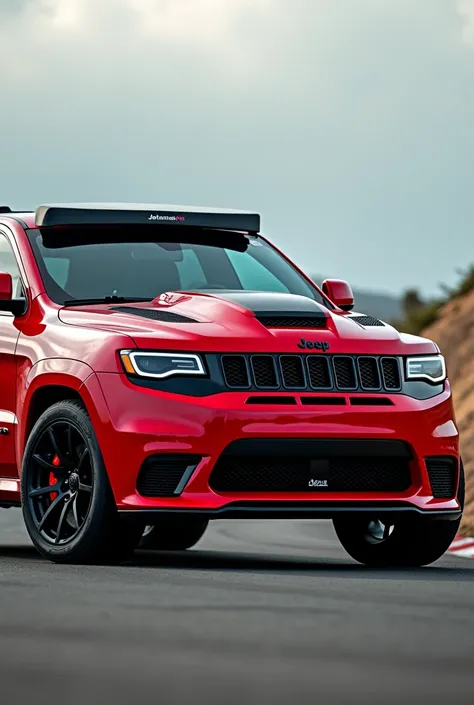 Picture of a widebody fully modified red jeep grand gerokee trackhawk