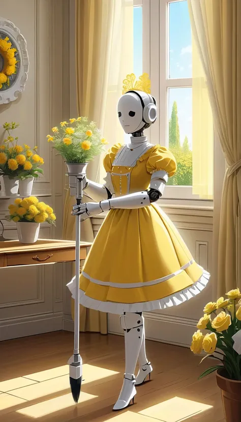 Robot butler，Ribbon lace headband，Maid robot wearing an apron，Walking around the house waving a feather duster。soft and warm lightinellow Atmosphere，Clean and tidy room，Spotless furniture and decor，Beautifully arranged flowers，Peaceful and tranquil atmosph...