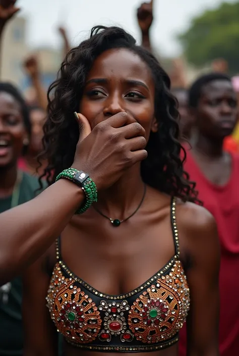 Protesting against the rape of ren and girls in Ethiopia, a girl whose clothes were full of gems and a man covered her mouth and cried.