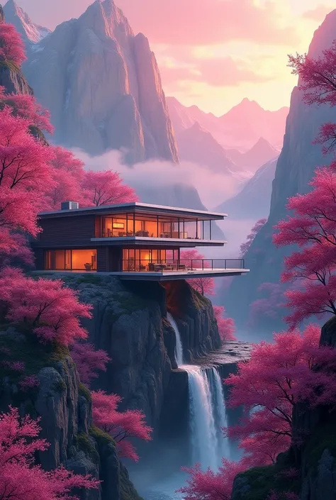 ChromaV5, nvinkpunk, Analog Style, a beautiful house on a beautiful mountain full of hyper detailed spring pink trees, with beautiful and realistic waterfalls in the background, with beautiful and spectacular sunset, concept art, Art by greg rutkowski and ...