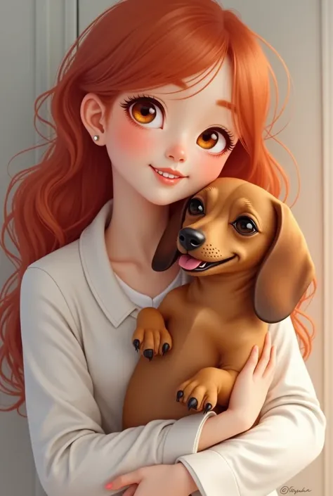  A red-haired woman , Honey-colored eyes in white clothes holding a happy chubby female Daschshund cofap female dog with her paw up