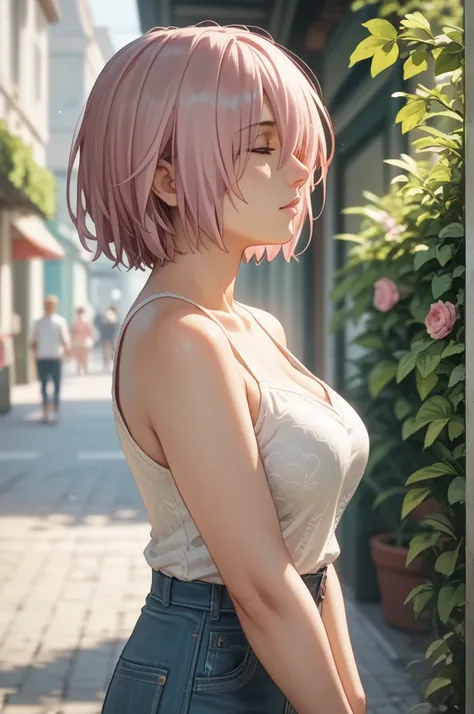 8k, high resolution, novel illustration, best quality, masterpiece, very detailed, 1 woman, adult, mature, adult woman, mature woman, Fate/Grand Order, Mash Kyrielight, short hair, pink hair, breasts, medium breasts, casual clothes, casual wear, charming, ...