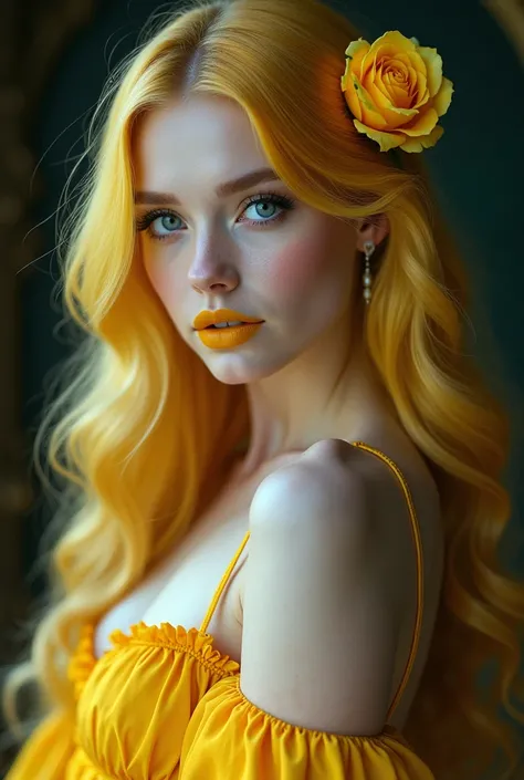 A beautiful woman with long yelow hair and blue eyes, wearing a gothic yelow dress and yelow rose in her hair with yelow lipstick.hdr, 8k, ultra realistic.