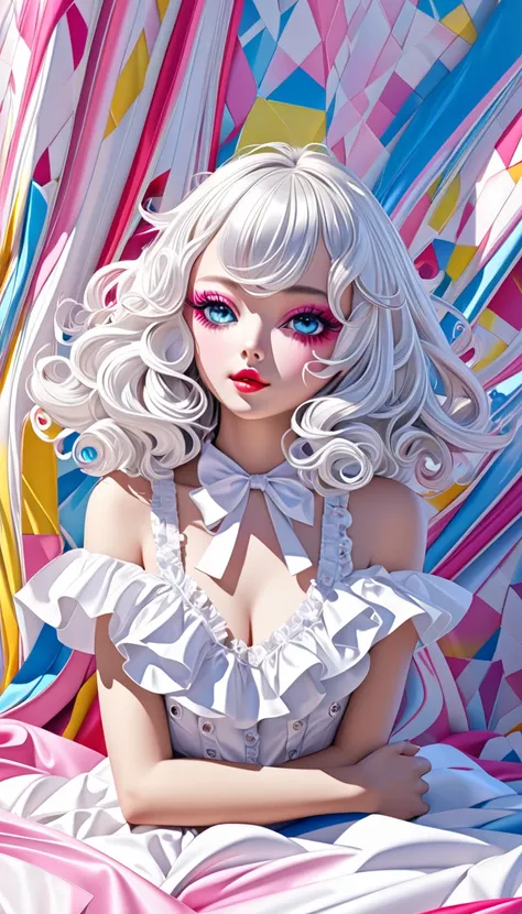 conceptual installation kawaii pop art, fashionable cool beauty, white long thick eyelashes, captivating large eyes, shy smile, shiny silky disheveled hair, make up, amorous and lewd expression, cortesy, elegance, dignity, superlative body proportion, wear...