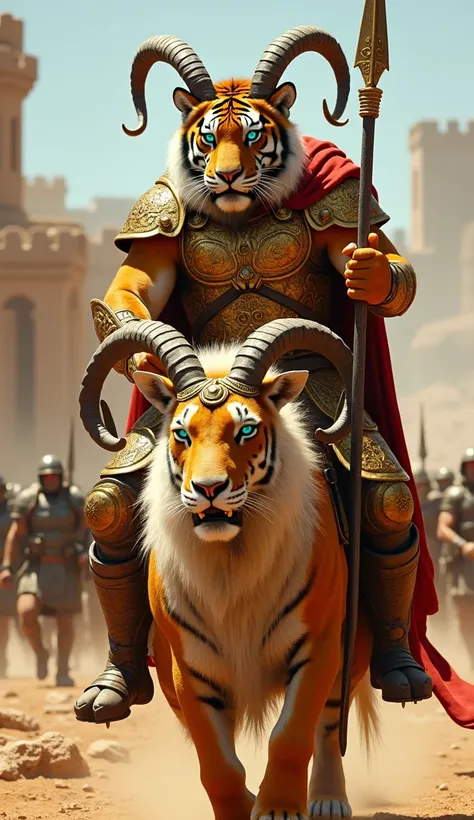 A photorealistic image of a burly tiger with flame-colored fur and striking turquoise eyes. The tiger wears a golden, heavily armored royal outfit engraved with battle insignias. It grips the Spear of Thor as it rides a goat with a lion-like mane and curli...