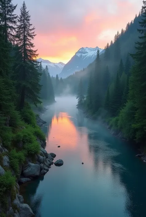 "A breathtaking panoramic view of a calm mountain river flowing through a lush valley at dawn. The soft orange and pink hues of the sunrise reflect off the clear water, surrounded by towering green trees and distant snow-capped mountains. Mist hovers over ...