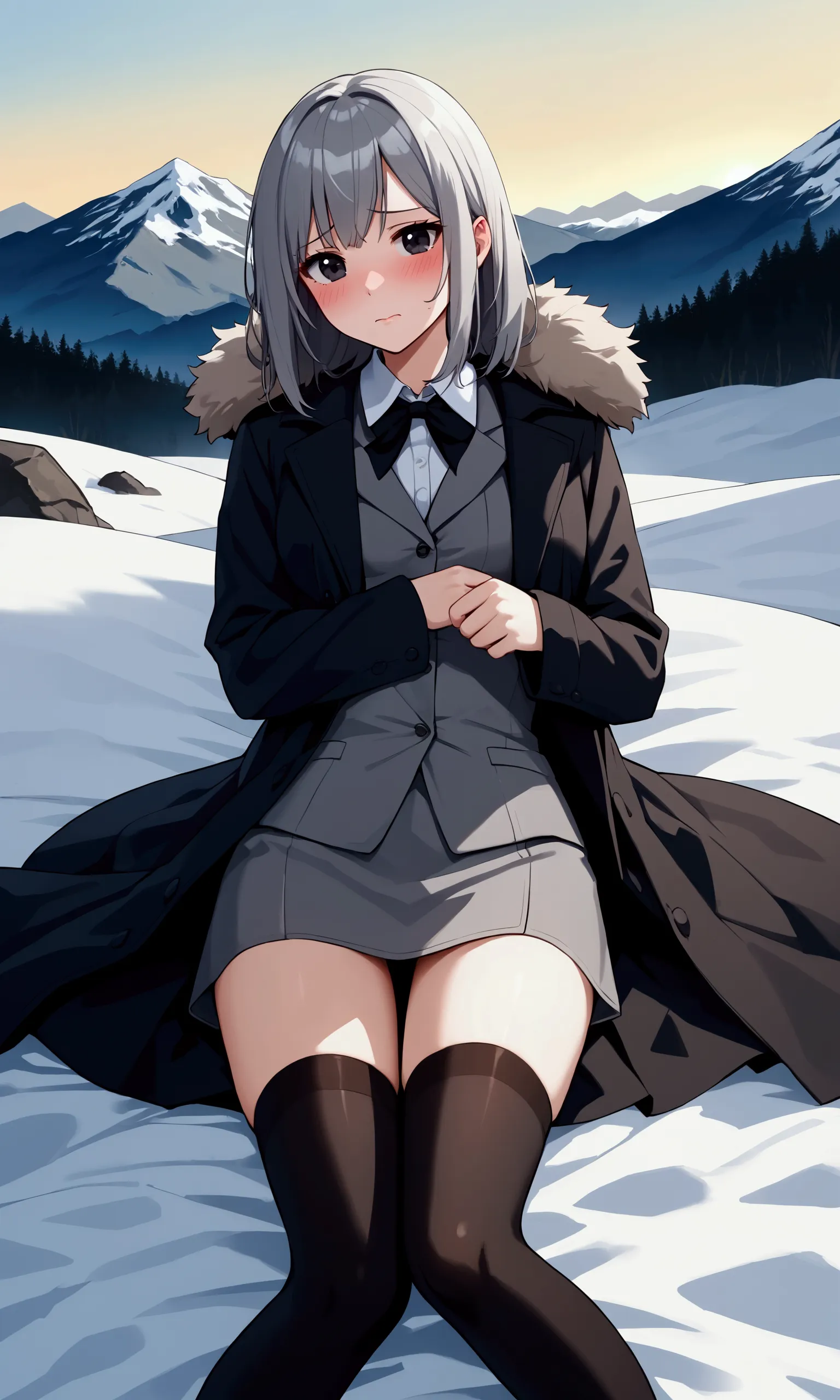 1 girl, alone, lying, sideways, sideways, gray hair, black eyes, blushing, embarrassed, coat, thigh highs,, mountain