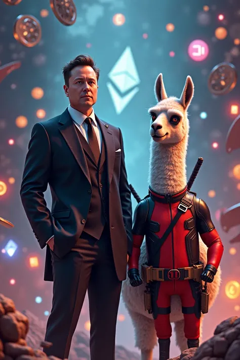 Genere moi une image de elon musk a cote dun lama deguiser en dead pool .
Le fond de limage doit contenir des crypto monnaie 