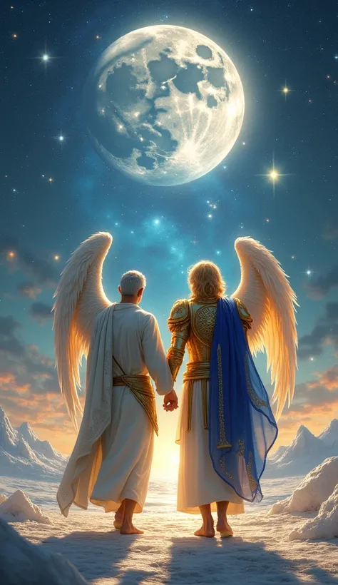 An epic celestial landscape where Enoch and Uriel walk together, immersed in the vastness of the cosmos. Enoch, a man around 50 years old with short graying hair, a neatly trimmed beard, and an expression of reverence, wears a white linen tunic with golden...