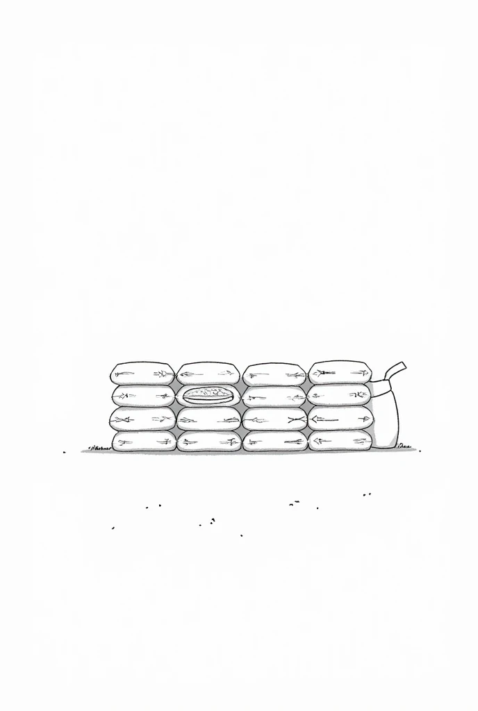  Create the design of 4 stacks of Rice Bags , next to each other  ,  and one of them is open  .  Black and white drawing , simple 