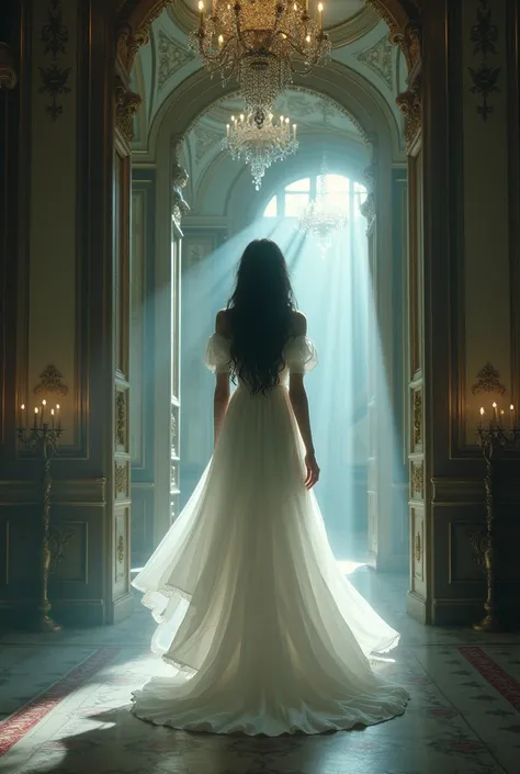 A black-haired girl in a long white nightgown with a groundbreaking back walks in the mansion