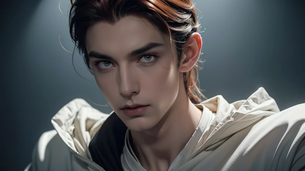 a skinny undead male with long auburn hair, pale skin, long face, straight eyebrows, monolid yellow eyes, crooked nose, round black lips, wears white outfit, innocent and pure, realistic, photo-realistic, highly detailed, 8k, masterpiece, digital art, cine...