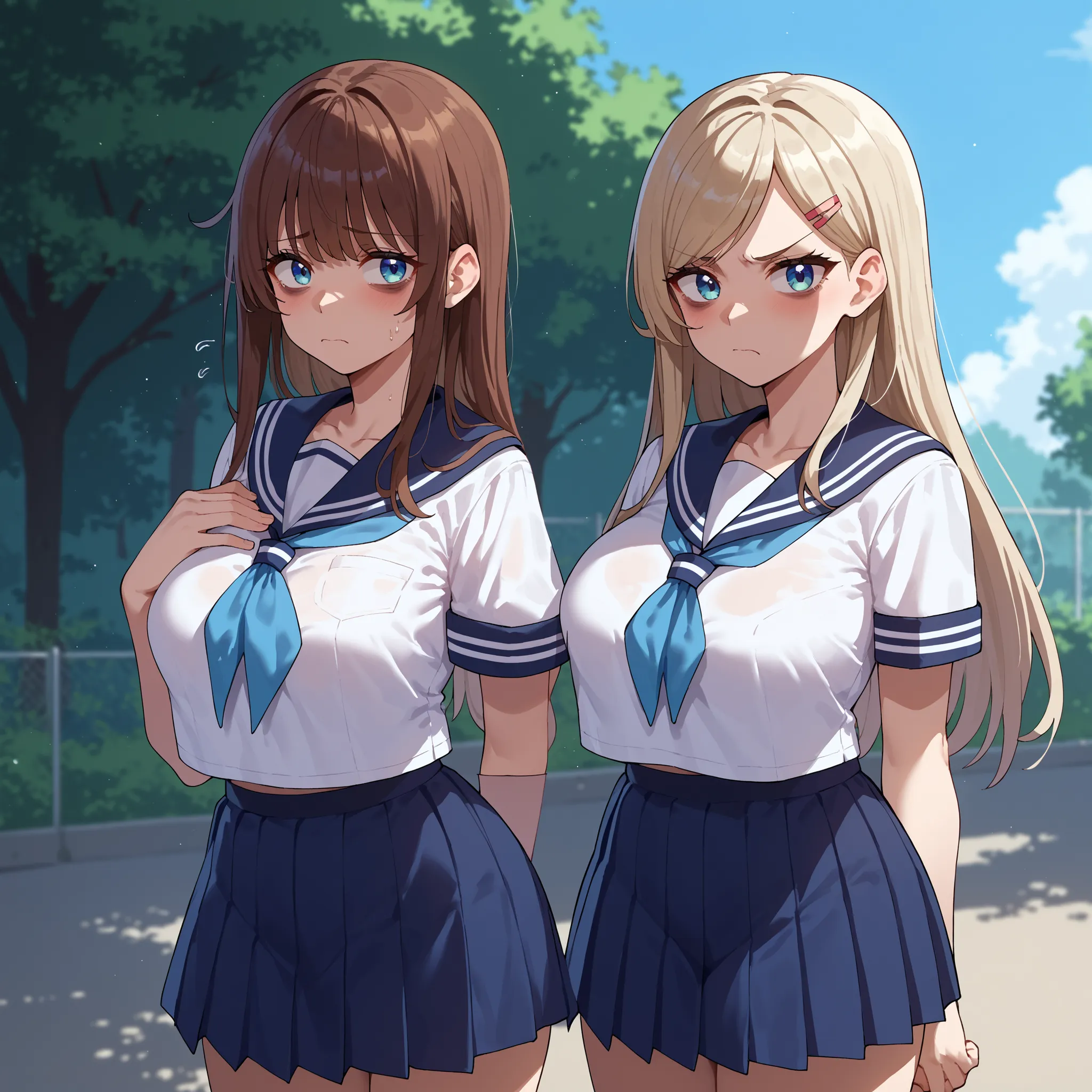 {{score_9, score_8_up, score_7_up, score_6_up, score_5_up, score_4_up, source_anime}} 2girls, outdoors, school, cowboy shot, med...